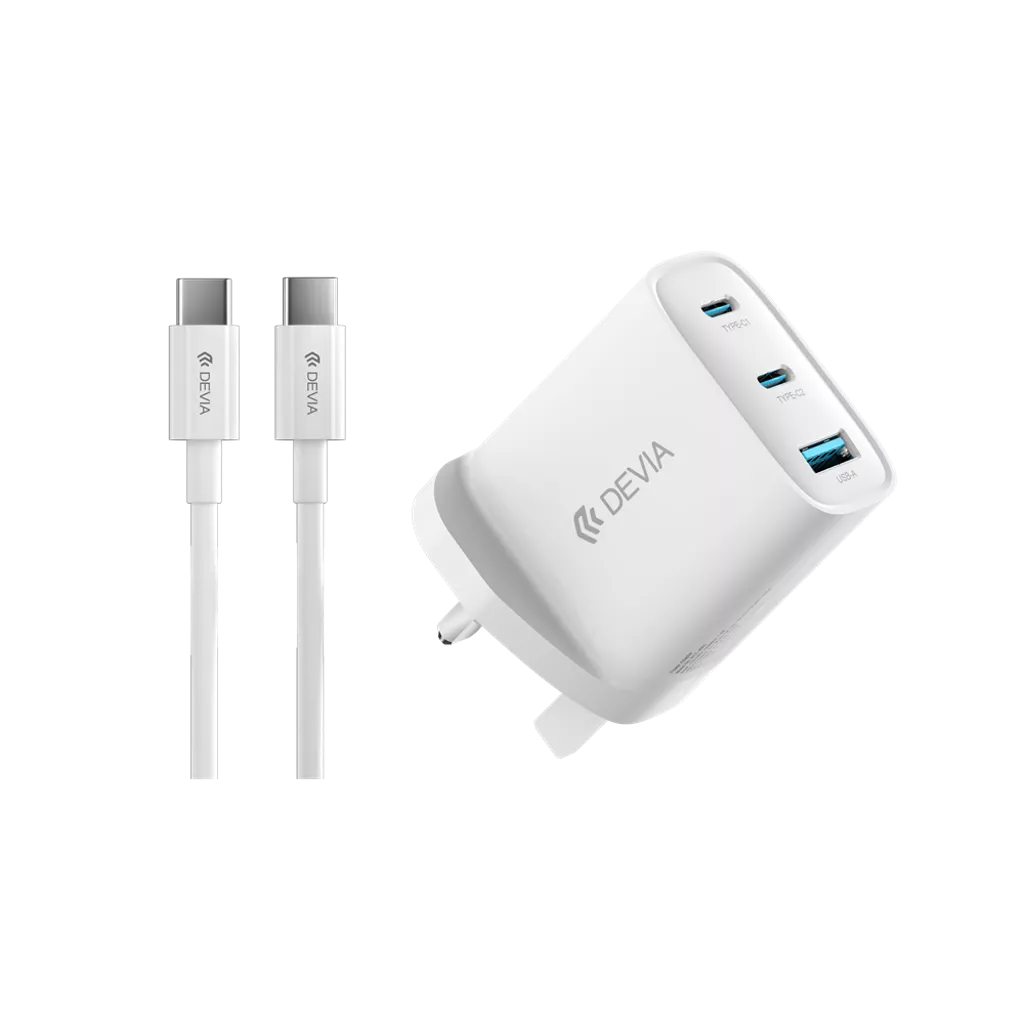 Devia - 65W GaN USB-C PD & QC4.0 3-Pin UK Mini Charging Plug & 1.5m 100W USB-C to USB-C Cable - White