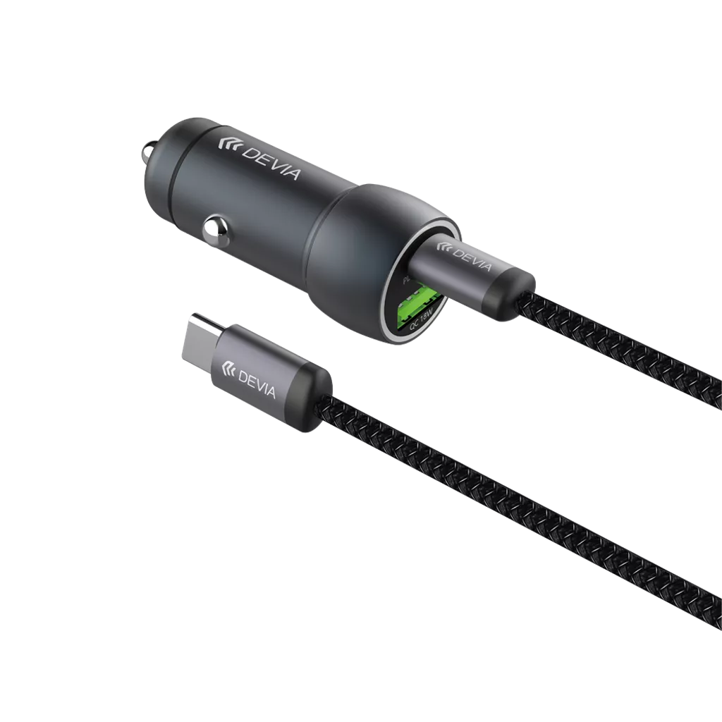 Devia - 30W PD USB-C & Qualcomm 3.0 USB Port Car Adapter & 1.2m USB-C to C Cable