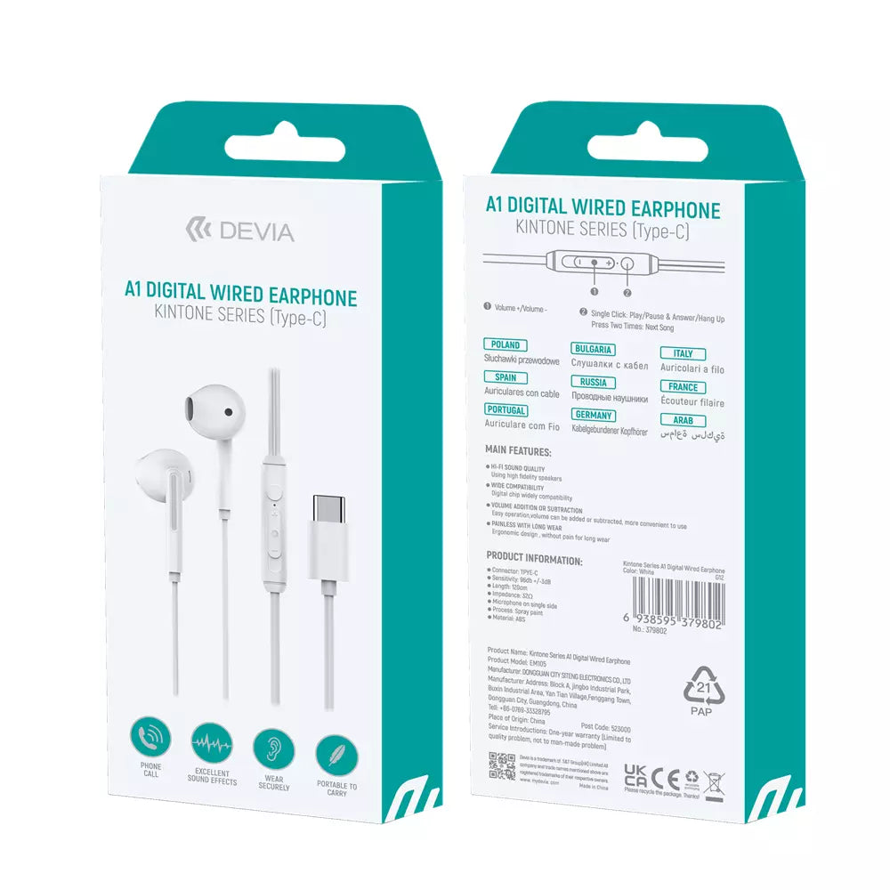 Devia - Type C Earphones with Microphone & Volume Control - White