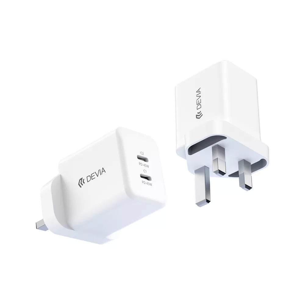 Devia - 45W GaN Dual USB-C Power Delivery 3-Pin UK Charging Plug - White