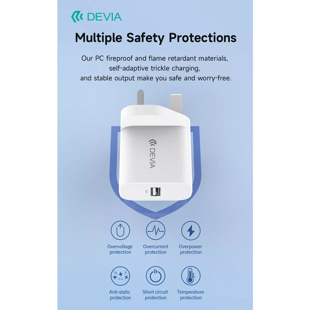 Devia - 2.4A USB 3-Pin UK Charging Plug