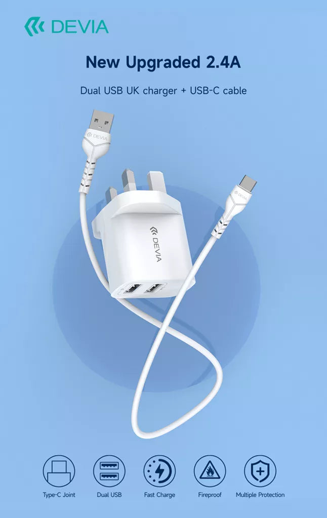 Devia - 2.4A Dual USB Plug & 1m USB-C Cable