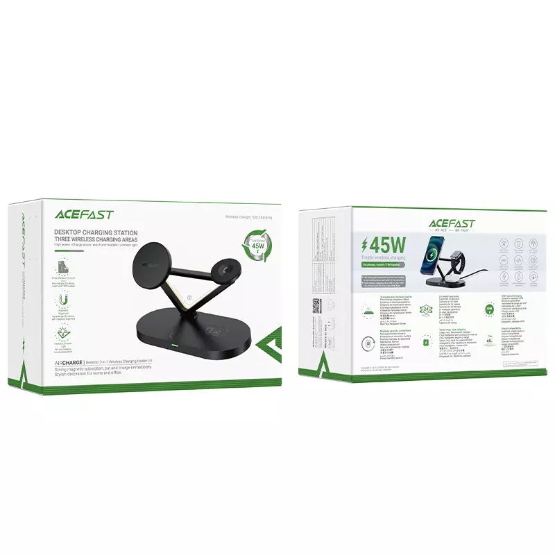 Acefast - 45W MagSafe Triple Wireless Magnetic Charging Pad for Apple iPhone, Airpods & Watch - Black