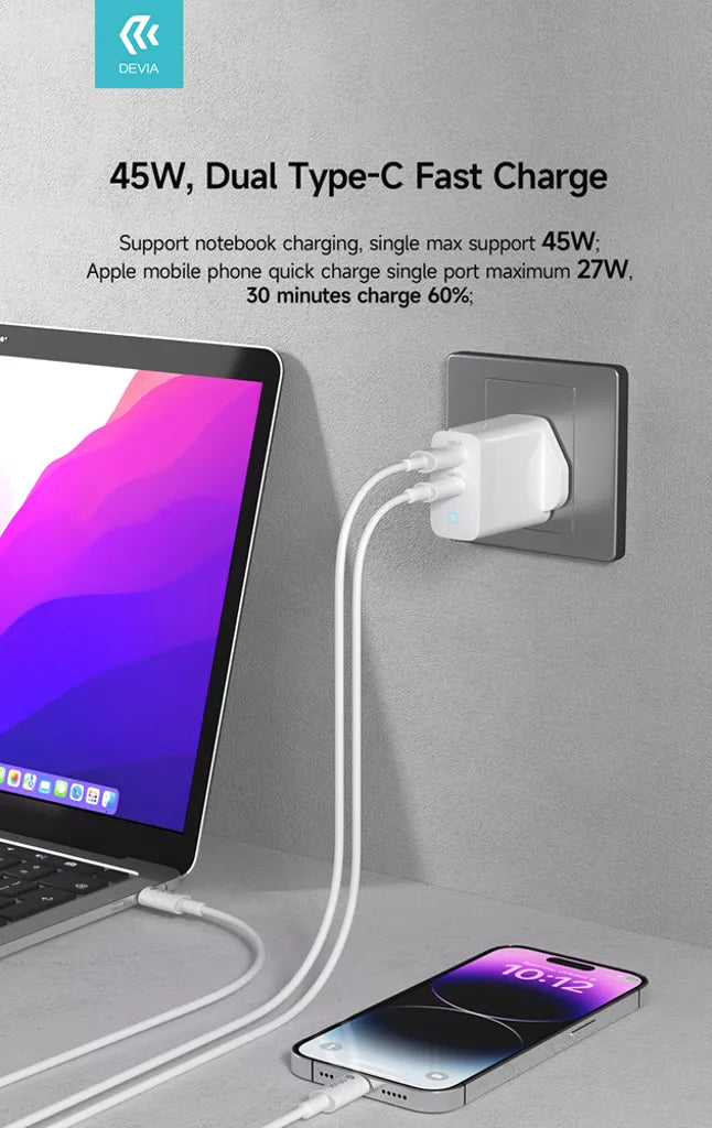 Devia - 45W GaN Dual USB-C Charging Plug & 1.5m USB-C Cable