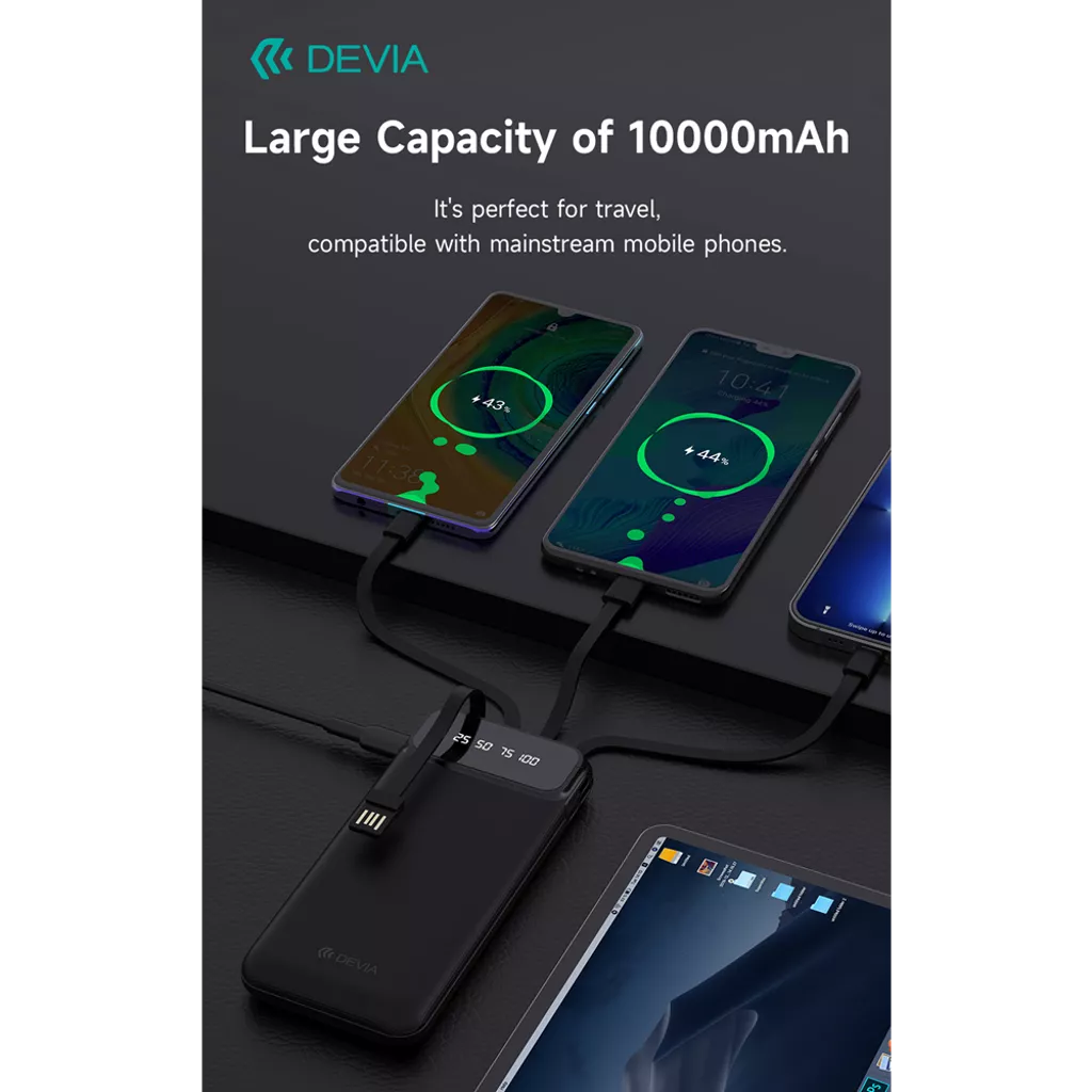Devia - 10,000mAh Digital Display Powerbank & USB, Lightning, MicroUSB & USB-C Cable