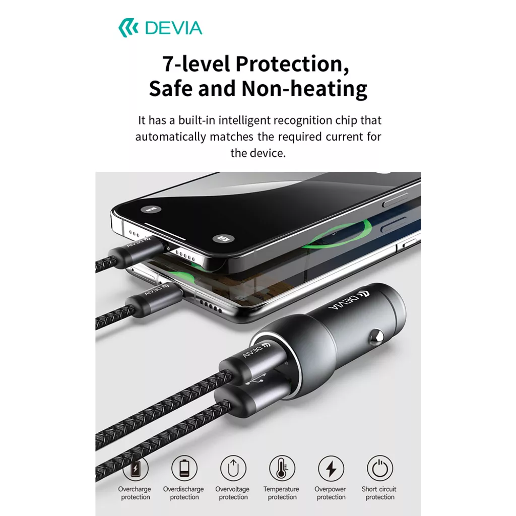 Devia - 30W PD USB-C & Qualcomm 3.0 USB Port Car Adapter & 1.2m USB-C to C Cable