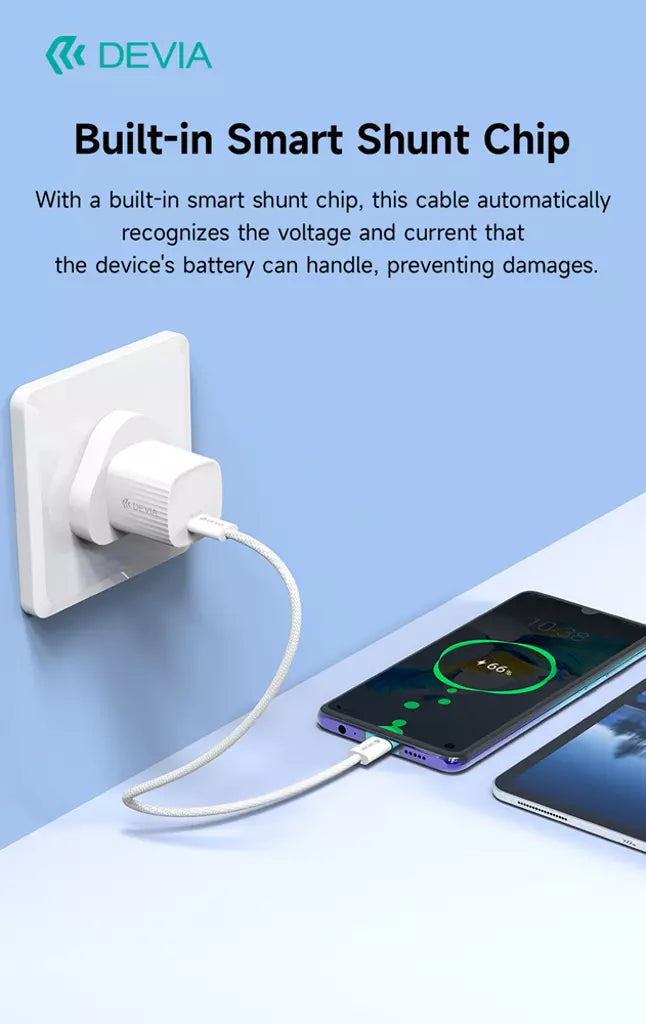 Devia - 1m (60W) Woven Braided Power Delivery - USB-C to USB-C Cable - White