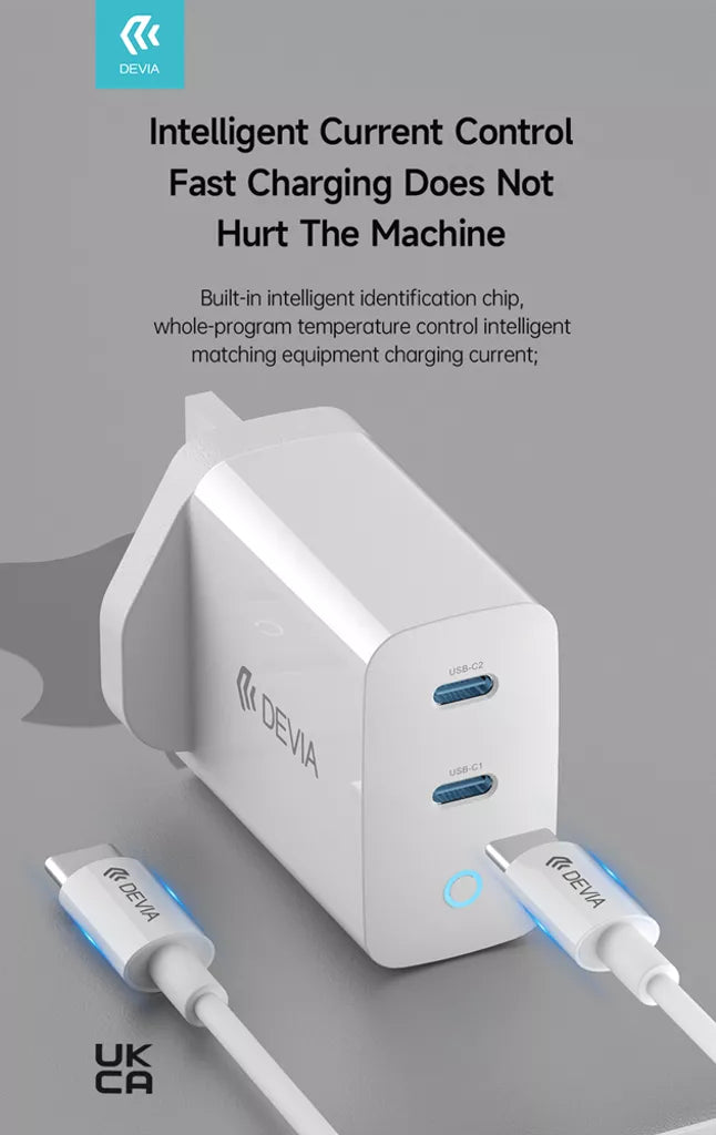 Devia - 45W GaN Dual USB-C Charging Plug & 1.5m USB-C Cable