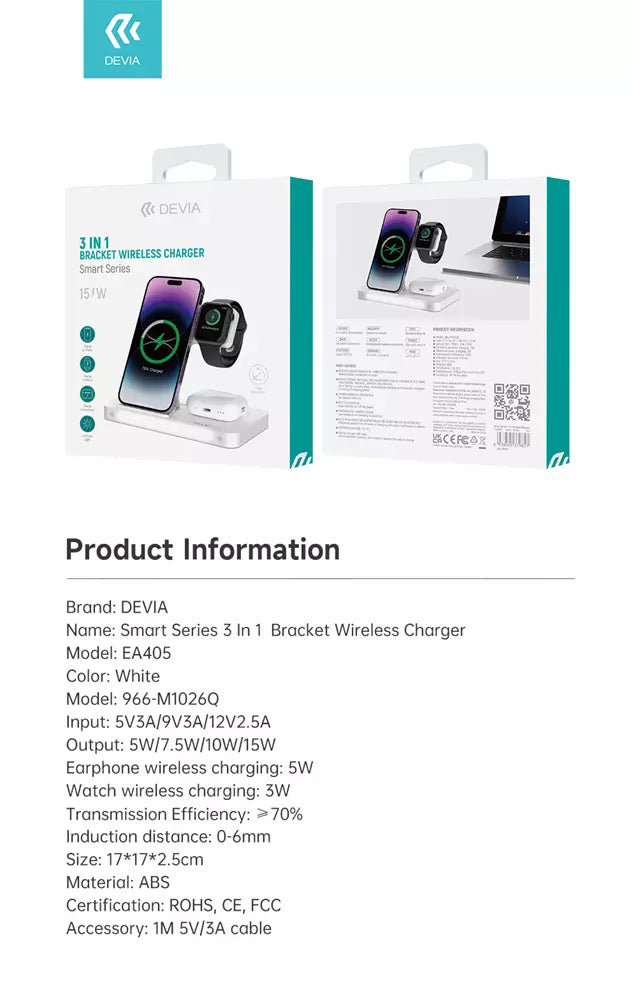 Devia - 15W Foldable Travel Triple Wireless Magnetic Charging Pad for Apple iPhone, Airpods & Watch & Night Lamp - White