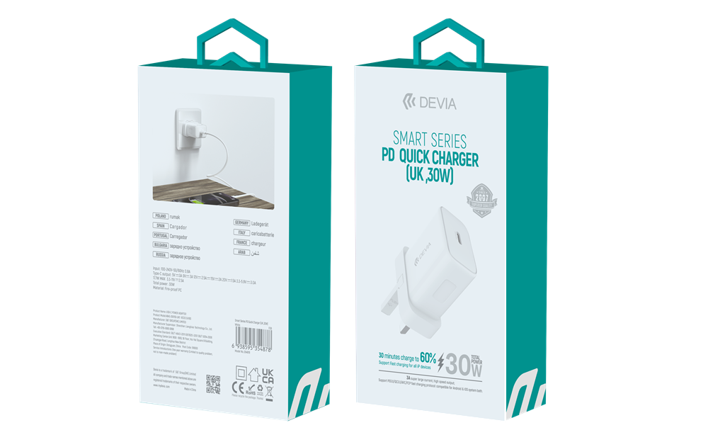 Devia - 30W Type C Power Delivery 3-Pin UK Charging Plug - White