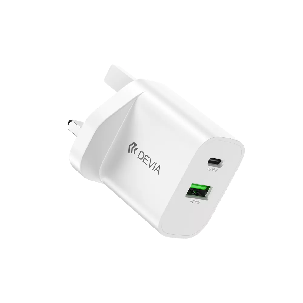 Devia - 30W GaN Dual USB-C Power Delivery & USB Qualcomm 3-Pin UK Charging Plug - White