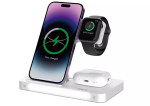 Devia - 15W Foldable Travel Triple Wireless Magnetic Charging Pad for Apple iPhone, Airpods & Watch & Night Lamp - White