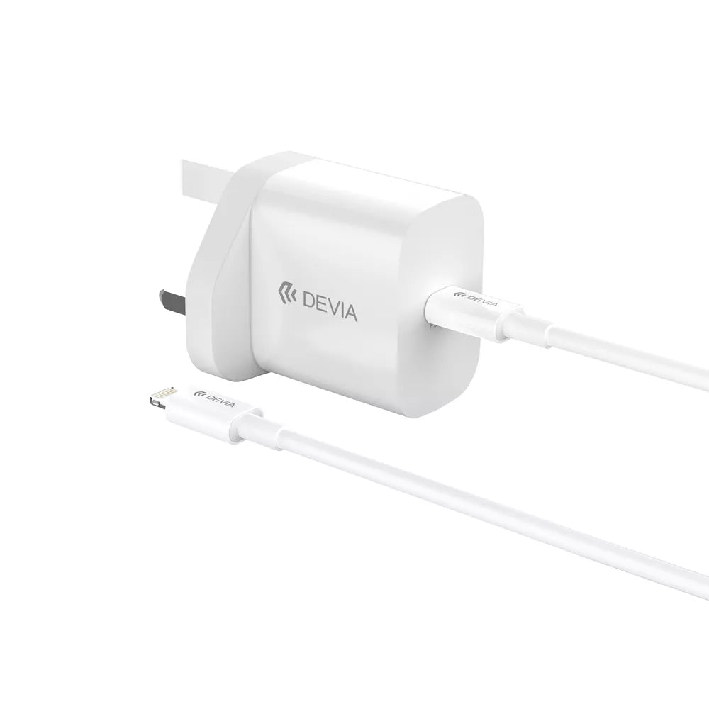 Devia - 30W GaN USB-C Power Delivery 3-Pin UK Charging Plug & 1m PD USB-C to Lightning Cable - White