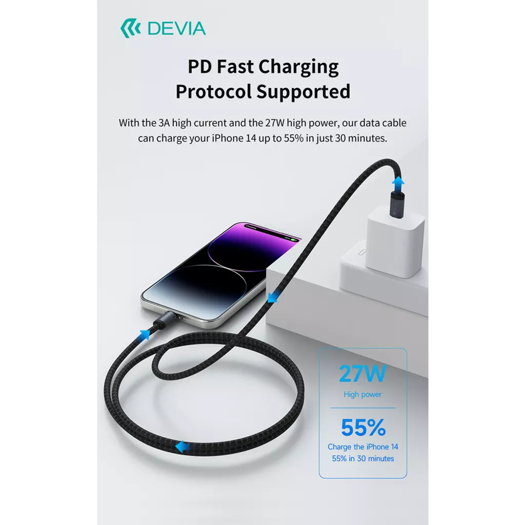 Devia - 2m (27W) Mesh Armour USB-C to Non-MFI Lightning Cable