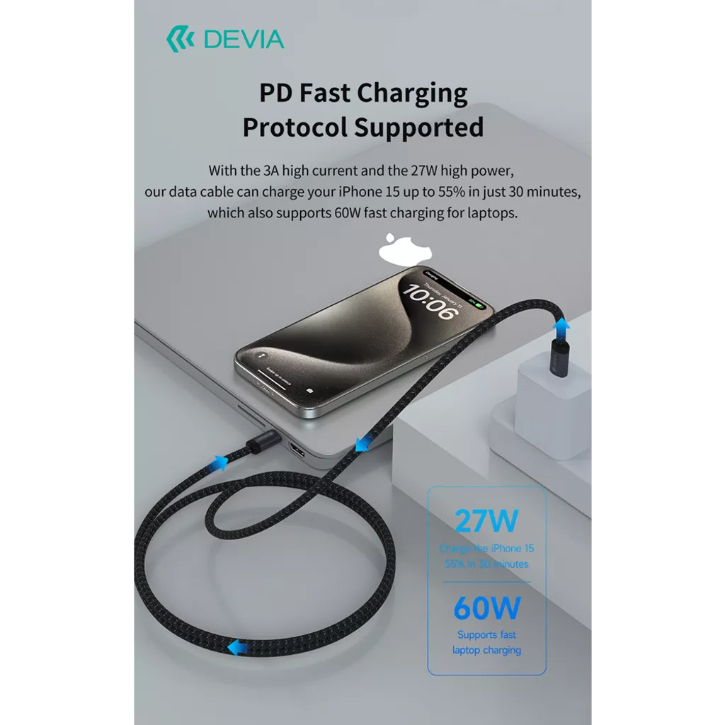 Devia - 3m (27W) Mesh Armour USB-C to Non-MFI Lightning Cable