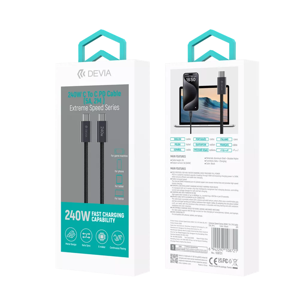 Devia - 2m (240W, 5A, 40GB/s & 8K 60hz) Power Delivery - USB-C to USB-C Mesh Armour Cable