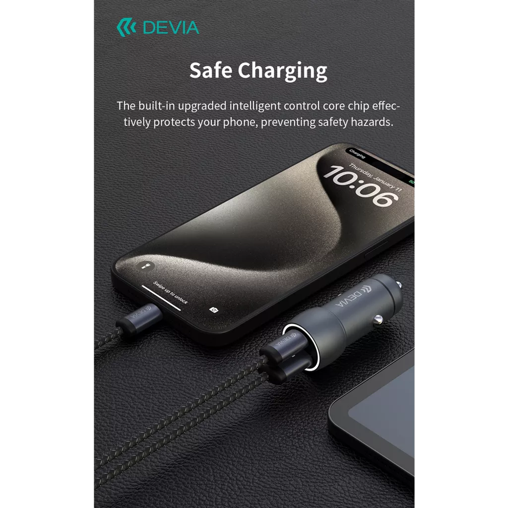 Devia - 30W PD USB-C & Qualcomm 3.0 USB Port Car Adapter & 1.2m USB-C to C Cable