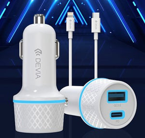 Devia - 20W USB-C & Qualcomm 3.0 USB Port In Car Adapter & Cable