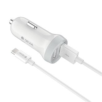 Devia - 3.1A Dual USB Port Car Adapter & 1m Type C Cable - White